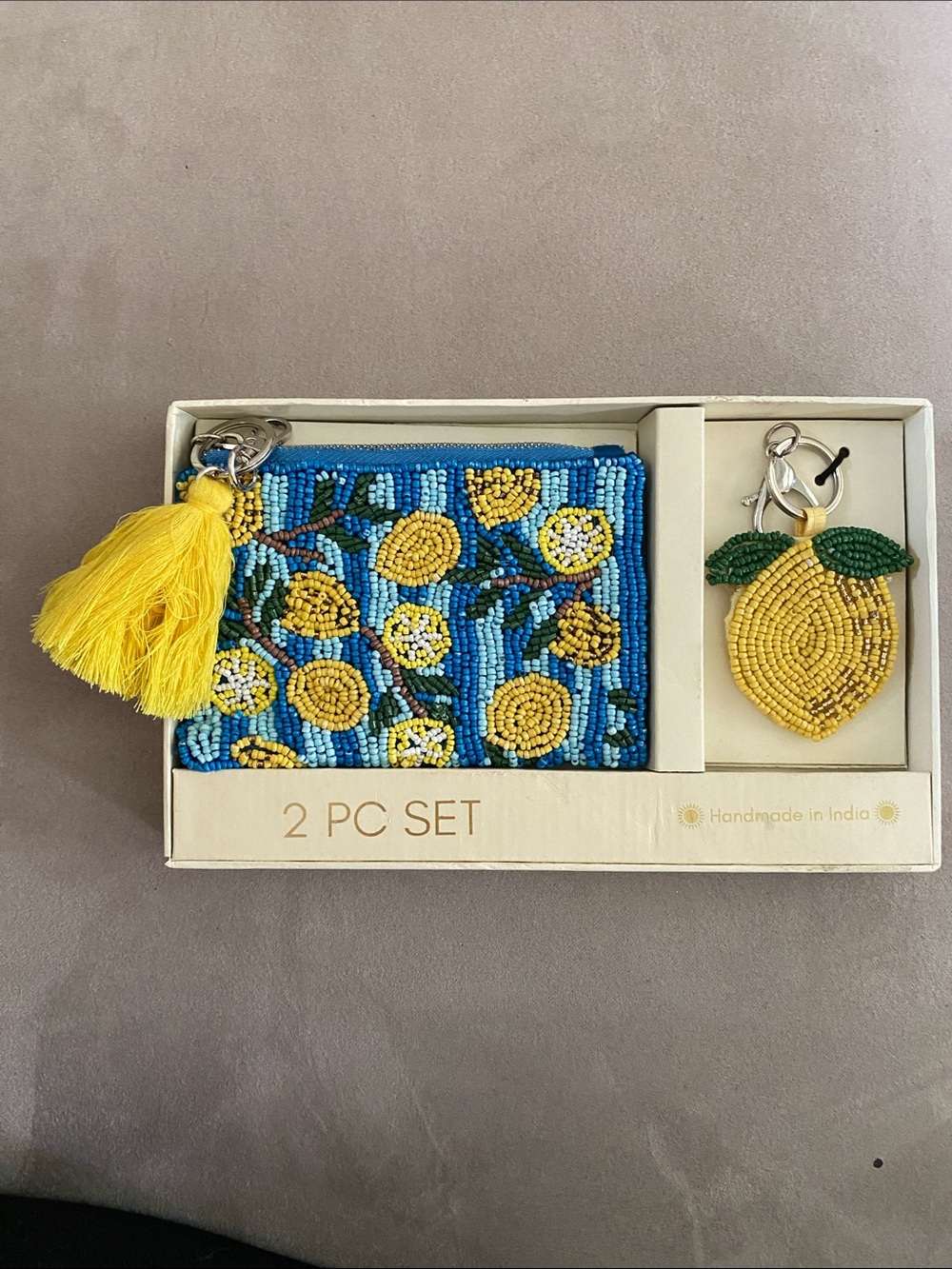 Handmade Blue & Yellow Beaded Coin Purse and Lemon Keychain SET